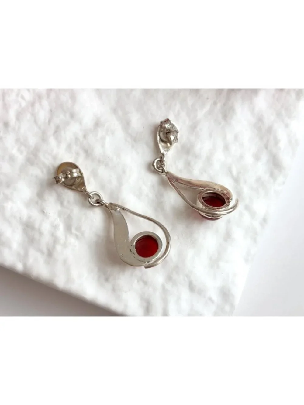 Carnelian Stone Midcentury Modern Stylized Vintage Sterling Silver 925 Earrings